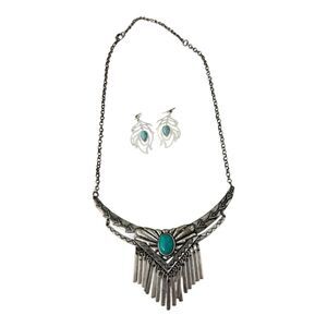 Southwestern Style Turquoise Silver Tone Beaded Necklace Earring Set Faux Stone